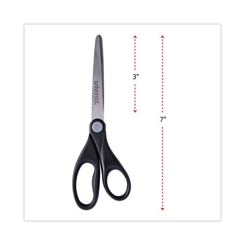 Image of Universal® Stainless Steel Office Scissors, Pointed Tip, 7" Long, 3" Cut Length, Black Straight Handle