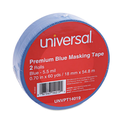 Image of Universal® Premium Blue Masking Tape With Uv Resistance, 3" Core, 18 Mm X 54.8 M, Blue, 2/Pack