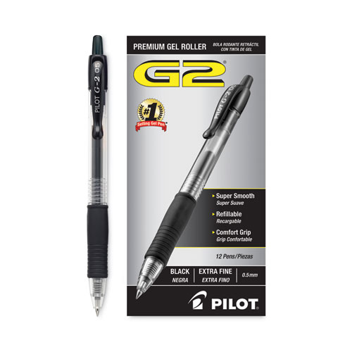Image of Pilot® G2 Premium Gel Pen, Retractable, Extra-Fine 0.5 Mm, Black Ink, Smoke Barrel, Dozen