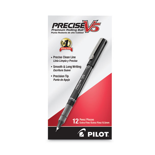 Image of Pilot® Precise V5 Roller Ball Pen, Stick, Extra-Fine 0.5 Mm, Black Ink, Black Barrel, Dozen