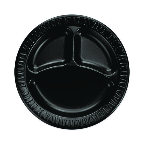 Quiet Classic Laminated Foam Dinnerware, 3-Compartment Plate, 9" dia, Black, 125/Sleeve, 4 Sleeves/Carton