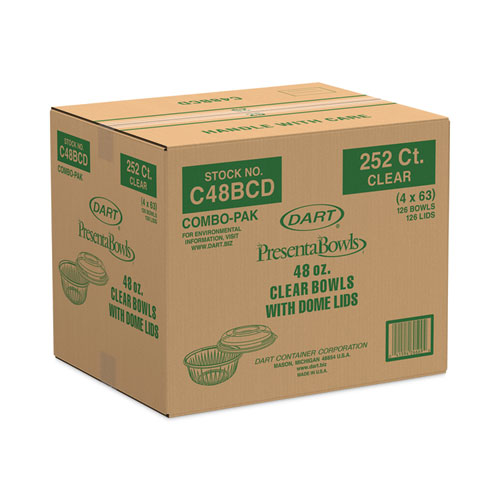 PresentaBowls Bowl/Lid Combo-Paks, 48 oz, Clear, Plastic, 126/Carton