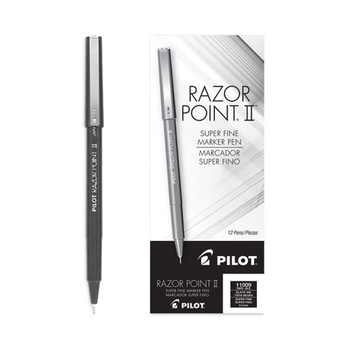 Pilot® Razor Point Ii Super Fine Line Porous Point Pen, Stick, Extra-Fine 0.2 Mm, Black Ink, Black Barrel, Dozen