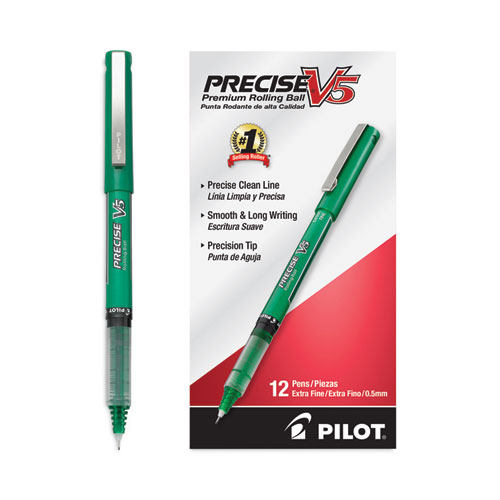 Precise V5 Roller Ball Pen, Stick, Extra-Fine 0.5 mm, Green Ink, Green/Clear Barrel, Dozen