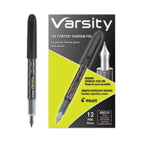 Pilot® Varsity Fountain Pen, Medium 1 mm, Black Ink, Clear/Black Barrel
