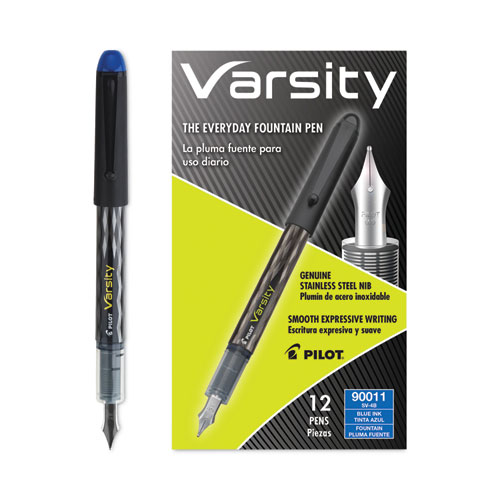 Pilot® Varsity Fountain Pen, Medium 1 mm, Blue Ink, Clear/Black/Blue Barrel