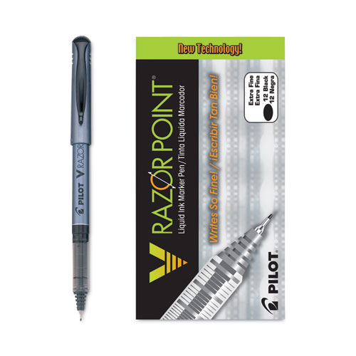 Pilot® V Razor Point Liquid Ink Porous Point Pen, Stick, Extra-Fine 0.5 Mm, Black Ink, Gray Barrel, Dozen