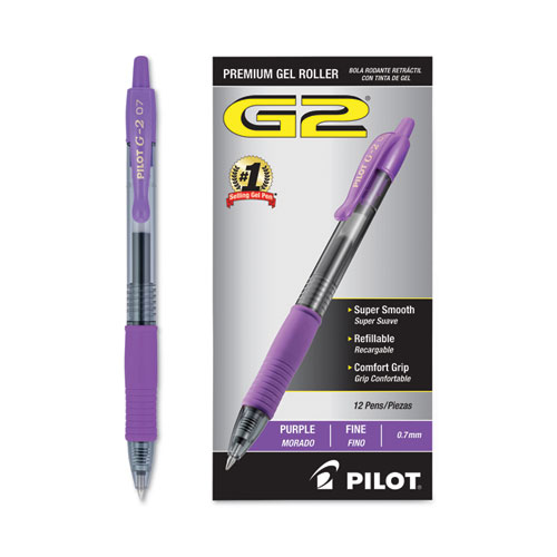Image of Pilot® G2 Premium Gel Pen, Retractable, Fine 0.7 Mm, Purple Ink, Smoke Barrel, Dozen