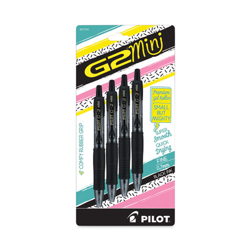 Image of Pilot® G2 Mini Gel Pen, Retractable, Fine 0.7 Mm, Black Ink, Black Barrel, 4/Pack