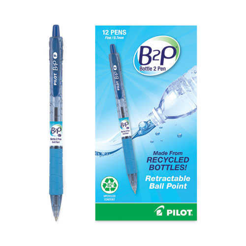 B2P Bottle-2-Pen Recycled Ballpoint Pen, Retractable, Fine 0.7 mm, Blue Ink, Translucent Blue Barrel, Dozen