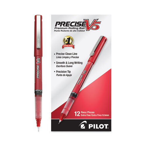 Precise V5 Roller Ball Pen, Stick, Extra-Fine 0.5 mm, Red Ink, Red/Clear Barrel, Dozen