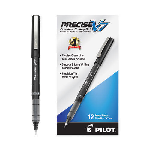Image of Pilot® Precise V7 Roller Ball Pen, Stick, Fine 0.7 Mm, Black Ink, Black Barrel, Dozen