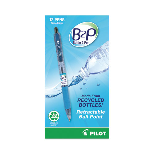 Image of Pilot® B2P Bottle-2-Pen Recycled Ballpoint Pen, Retractable, Fine 0.7 Mm, Black Ink, Translucent Blue Barrel, Dozen