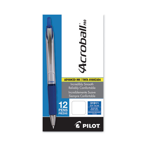 Image of Pilot® Acroball Pro Advanced Ink Ballpoint Pen, Retractable, Medium 1 Mm, Blue Ink, Silver Barrel, Dozen