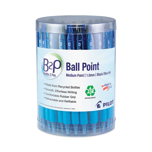 Pilot® B2P Bottle-2-Pen Recycled Ballpoint Pen, Retractable, Fine 0.7 mm, Black Ink, Translucent Blue Barrel, Dozen