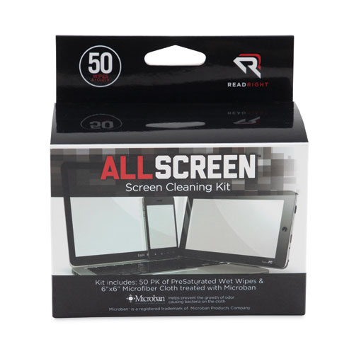 AllScreen Screen Cleaning Kit, Individually Wrapped Presaturated Wipes, 1 Microfiber Cloth, 5 x 4, Unscented, White, 50/Box