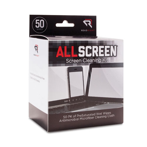 Image of Read Right® Allscreen Screen Cleaning Kit, Individually Wrapped Presaturated Wipes, 1 Microfiber Cloth, 5 X 4, Unscented, White, 50/Box