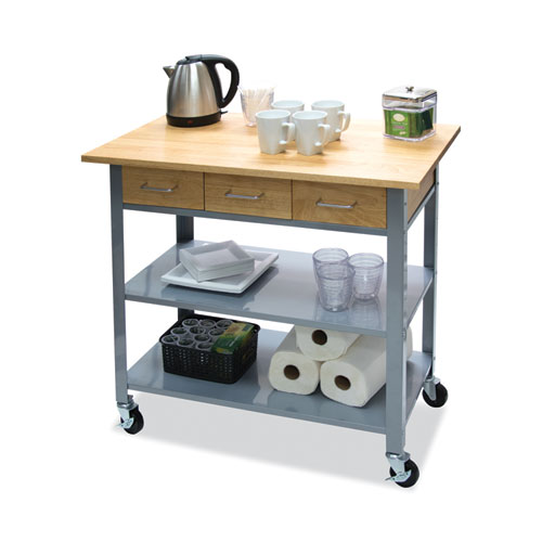Countertop Serving Cart, Wood, 3 Shelves, 3 Drawers, 35.5" x 19.75" x 34.25", Oak/Gray