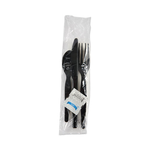 Boardwalk® Six-Piece Cutlery Kit, Condiment/Fork/Knife/Napkin/Spoon, Heavyweight, Black, 250/Carton