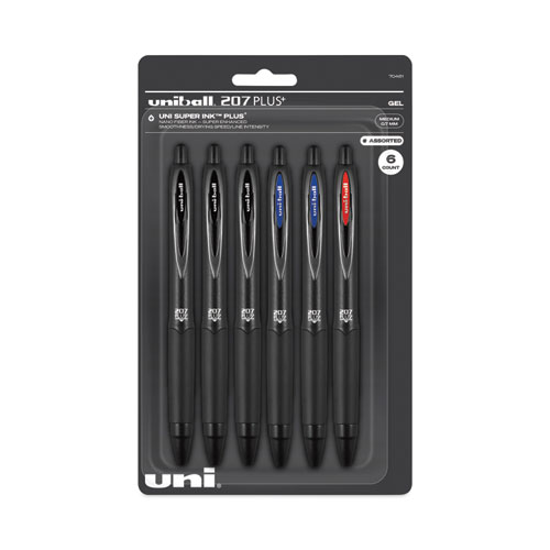 Uniball® 207 Plus+ Gel Pen, Retractable, Medium 0.7 Mm, Assorted Ink Colors, Black Barrel, 6/Pack