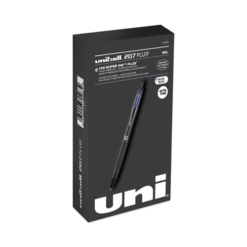 Uniball® 207 Plus+ Gel Pen, Retractable, Medium 0.7 Mm, Blue Ink, Black Barrel, Dozen