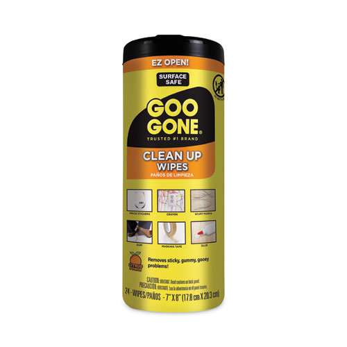 Goo Gone® Clean Up Wipes, 1-Ply, 8 X 7, Citrus Scent, White, 24/Canister, 4 Canisters/Carton