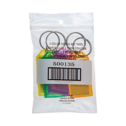 Controltek® Key Tags, Green/Orange/Purple/Yellow, 4/Pack, 12 Packs/Carton