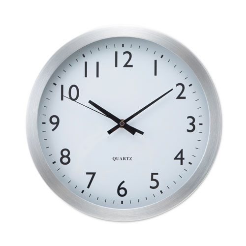 Brushed Aluminum Wall Clock, 12" Overall Diameter, Silver Case, 1 AA (sold separately)