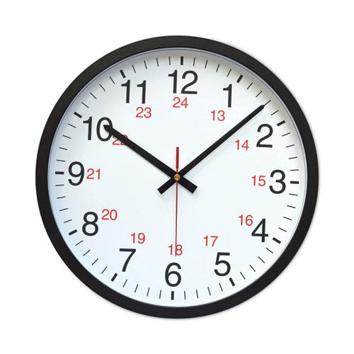 24-Hour Round Wall Clock, 12.63" Overall Diameter, Black Case, 1 AA (sold separately)
