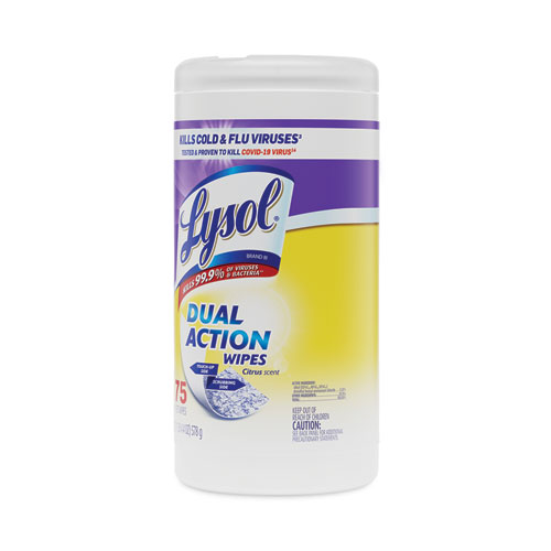 Image of Lysol® Brand Dual Action Disinfecting Wipes, 1-Ply, 7 X 7.5, Citrus, White/Purple, 75/Canister