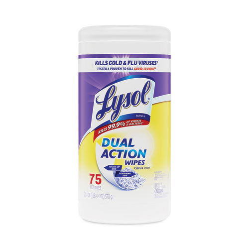 Image of Dual Action Disinfecting Wipes, 7 x 7.5, Citrus, White/Purple, 75/Canister