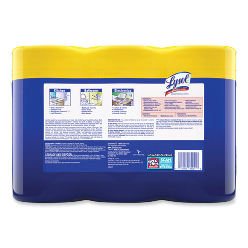 Image of Lysol® Brand Disinfecting Wipes, 1-Ply, 7 X 7.25, Lemon And Lime Blossom, White, 80 Wipes/Canister, 3 Canisters/Pack, 2 Packs/Carton