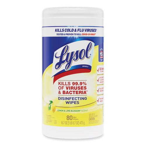 LYSOL® Brand Disinfecting Wipes, 1-Ply, 7 x 7.25, Lemon and Lime Blossom, White, 80 Wipes/Canister, 6 Canisters/Carton