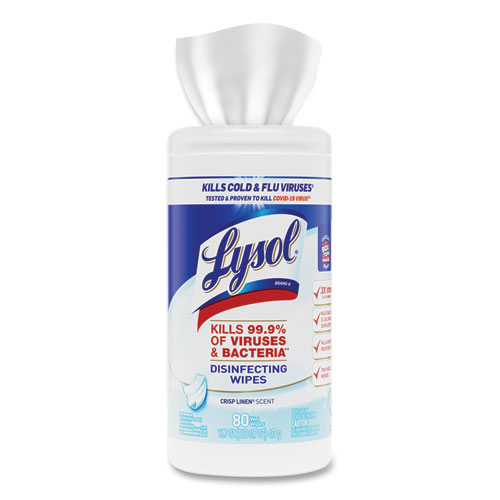 Image of Lysol® Brand Disinfecting Wipes, 1-Ply, 7 X 7.25, Crisp Linen, White, 80 Wipes/Canister