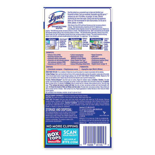 Image of Lysol® Brand Disinfecting Wipes, 1-Ply, 7 X 7.25, Lemon And Lime Blossom, White, 35 Wipes/Canister, 12 Canisters/Carton