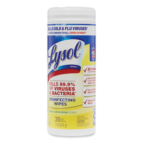 Image of Lysol® Brand Disinfecting Wipes, 1-Ply, 7 X 7.25, Lemon And Lime Blossom, White, 35 Wipes/Canister