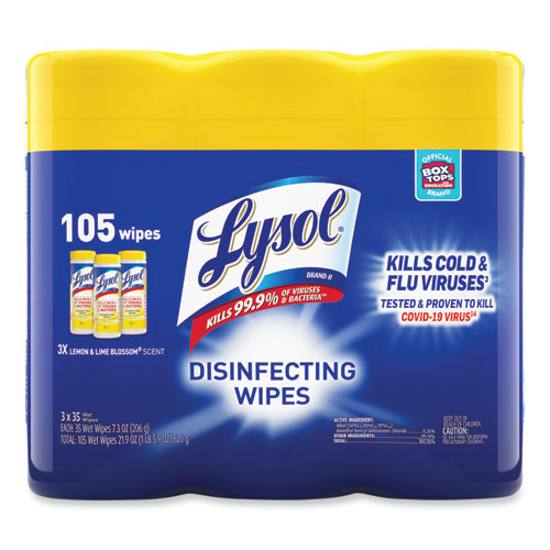 Image of Disinfecting Wipes, 7 x 7.25, Lemon and Lime Blossom, 35 Wipes/Canister, 3 Canisters/Pack, 4 Packs/Carton