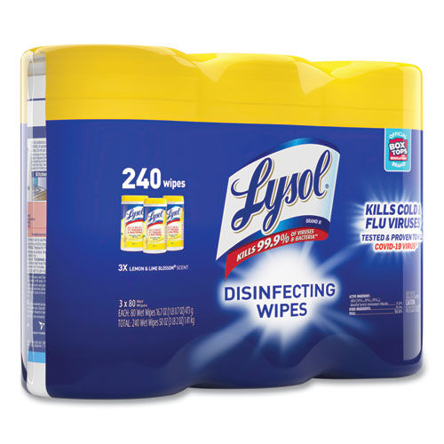 Disinfecting Wipes, 1-Ply, 7 x 7.25, Lemon and Lime Blossom, White, 80 Wipes/Canister, 3 Canisters/Pack, 2 Packs/Carton