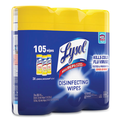 Image of Lysol® Brand Disinfecting Wipes, 1-Ply, 7 X 7.25, Lemon And Lime Blossom, White, 35 Wipes/Canister, 3 Canisters/Pack, 4 Packs/Carton