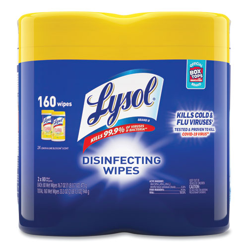 Image of Disinfecting Wipes, 7 x 7.25, Lemon and Lime Blossom, 80 Wipes/Canister, 2 Canisters/Pack