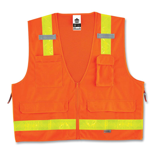 ergodyne® GloWear 8250ZHG Class 2 Hi-Gloss Surveyors Zipper Vest, Polyester, 2X-Large/3X-Large, Orange, Ships in 1-3 Business Days