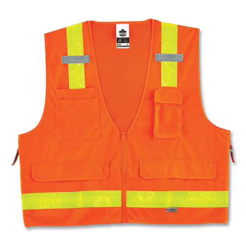 Ergodyne® Glowear 8250Zhg Class 2 Hi-Gloss Surveyors Zipper Vest, Polyester, Large/X-Large, Orange, Ships In 1-3 Business Days