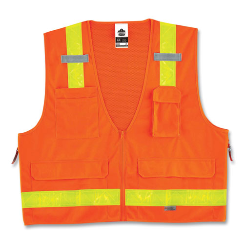 Ergodyne® Glowear 8250Zhg Class 2 Hi-Gloss Surveyors Zipper Vest, Polyester, 4X-Large/5X-Large, Orange, Ships In 1-3 Business Days