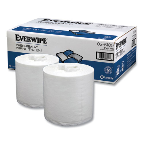Image of Everwipe™ Chem-Ready Dry Wipes, 1-Ply, 5 X 2.16, Unscented, White, 180/Roll, 6 Rolls/Carton