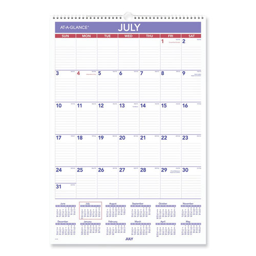 Academic Monthly Wall Calendar, 15.5 x 22.75, White/Violet/Red Sheets, 12-Month (July-June): 2022-2023