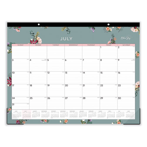 Greta Academic Year Desk Pad Calendar, Floral Artwork, 22 x 17, White/Green/Pink Sheets, 12-Month (July to June): 2024-2025