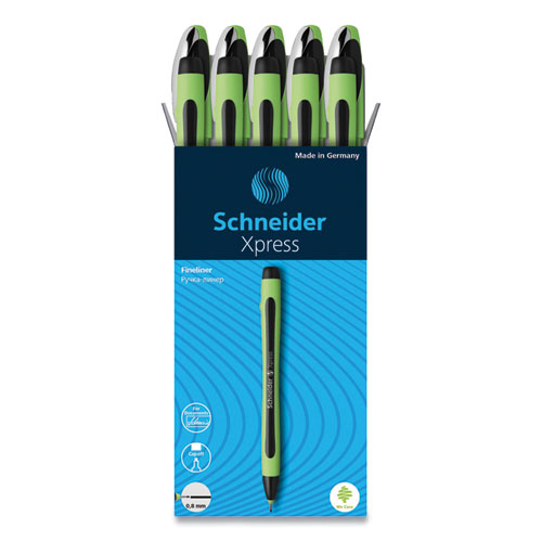 Schneider® Xpress Fineliner Porous Point Pen, Stick, Medium 0.8 Mm, Black Ink, Black/Green Barrel, 10/Box