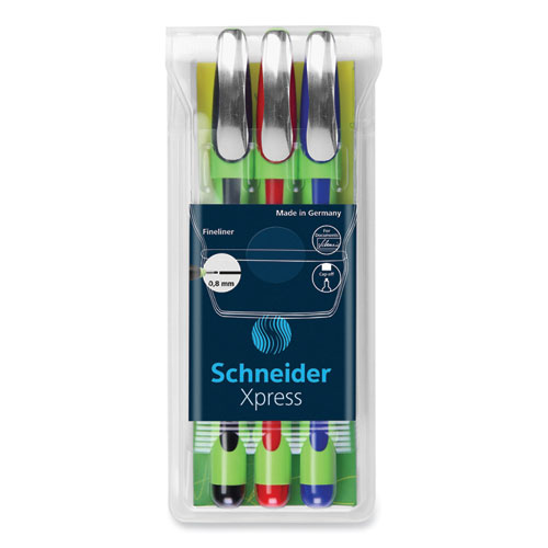 Schneider® Xpress Fineliner Porous Point Pen, Stick, Medium 0.8 Mm, Assorted Ink Colors, Green Barrel, 3/Pack