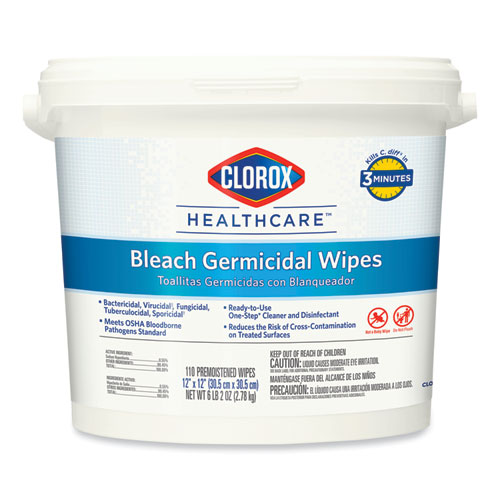 Image of Clorox Healthcare® Bleach Germicidal Wipes, 1-Ply, 12 X 12, Unscented, White, 110/Canister, 2 Canisters/Carton