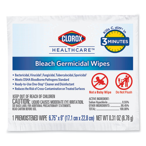 Image of Clorox Healthcare® Bleach Germicidal Wipes, 1-Ply, 6.75 X 9, Unscented, White, 50/Box, 6 Boxes/Carton